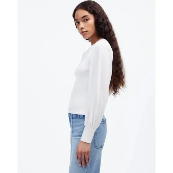 Madewell Ribbed Puff-Sleeve Top Sz S White Long Sleeve Slim Fit Pullover Cotton - Picture 2 of 8